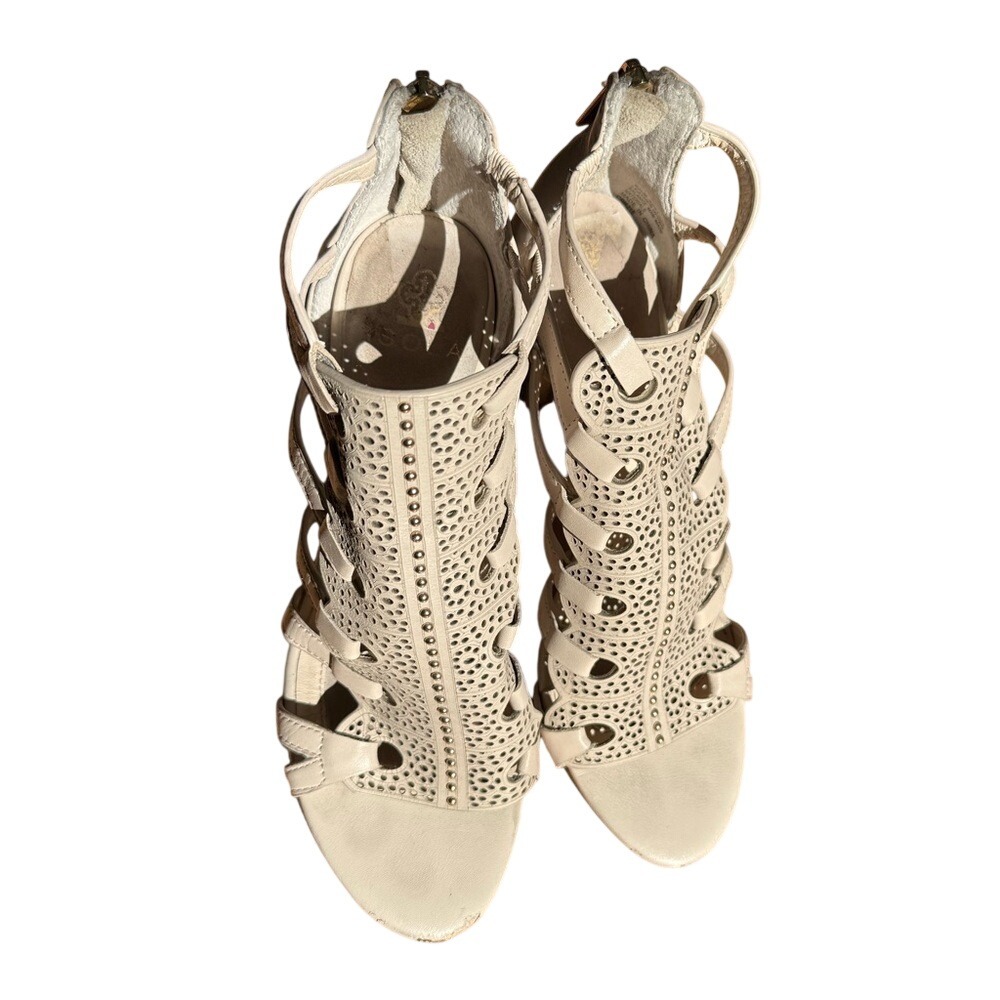 Isola Beige Leather Laser Cut Perforated Studded Gladiatorβ Heels 6.5